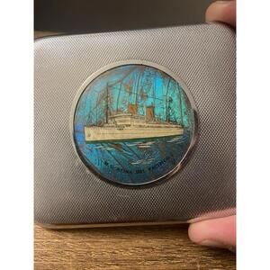 Vtg Blue Morpho Butterfly Chrome Silver Ship Cigarette Case
